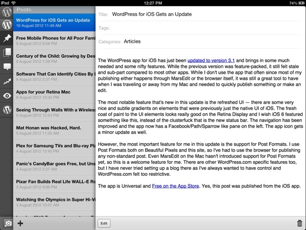iPad UI of WordPress iOS App