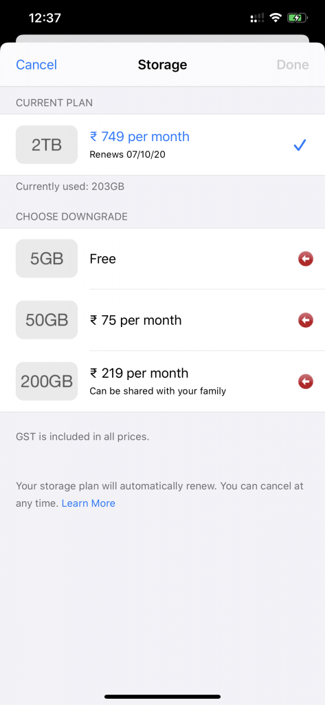 iCloud Storage Pricing for India in 2020